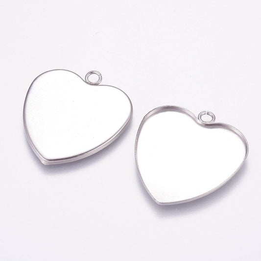 1.25 Inch 304 Stainless Steel  Heart Pendant Cabochon Settings - Silver / Heart / 5 Pcs