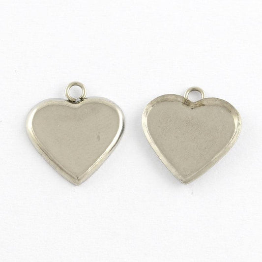 0.5 Inch Heart Stainless Steel Cabochon Settings Pendants - Silver / Heart / 10 Pcs