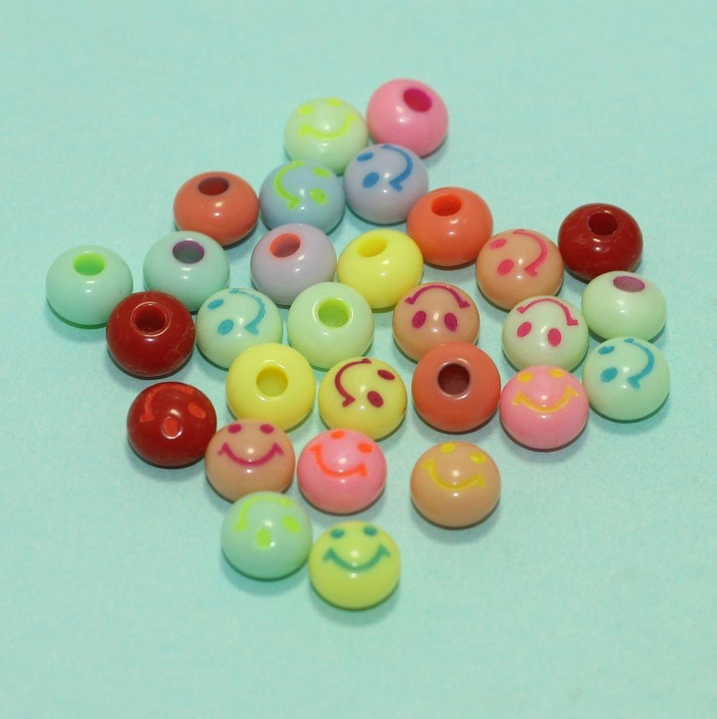 100 gm, 8mm Multi Color Smiley One Side Hole Donut Acrylic Beads - MultiColor / 100 gm / One Side Hole