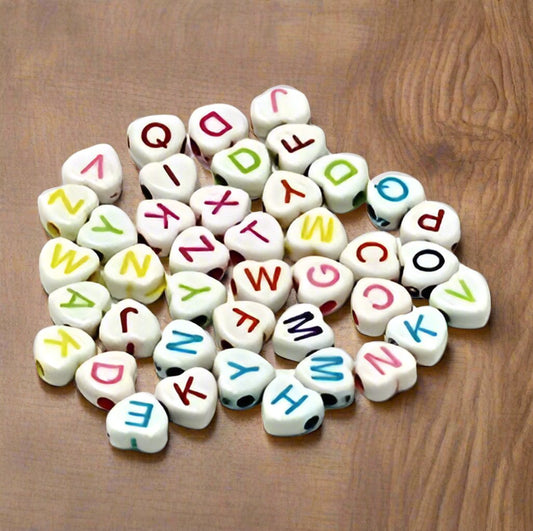 100 gm, Acrylic Heart A to Z Alphabet Letter Beads Multicolor 7mm - MultiColor / Acrylic / 100 gm