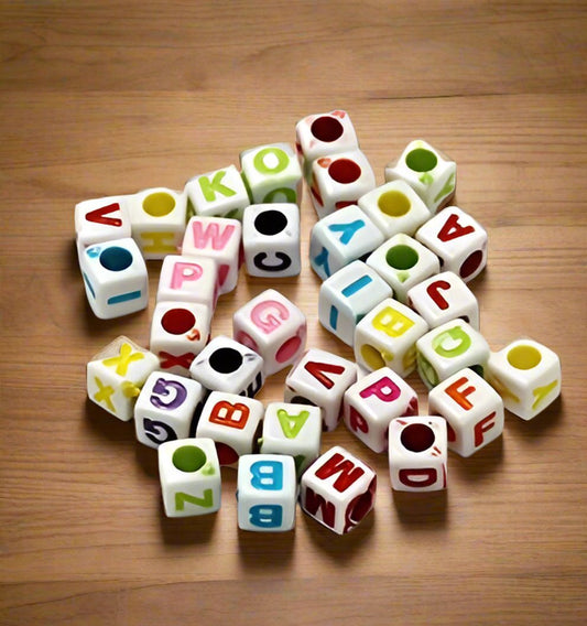 100 gm, Acrylic Square A to Z Alphabet Letter Beads Multicolor 6mm - MultiColor / Acrylic / 100 gm
