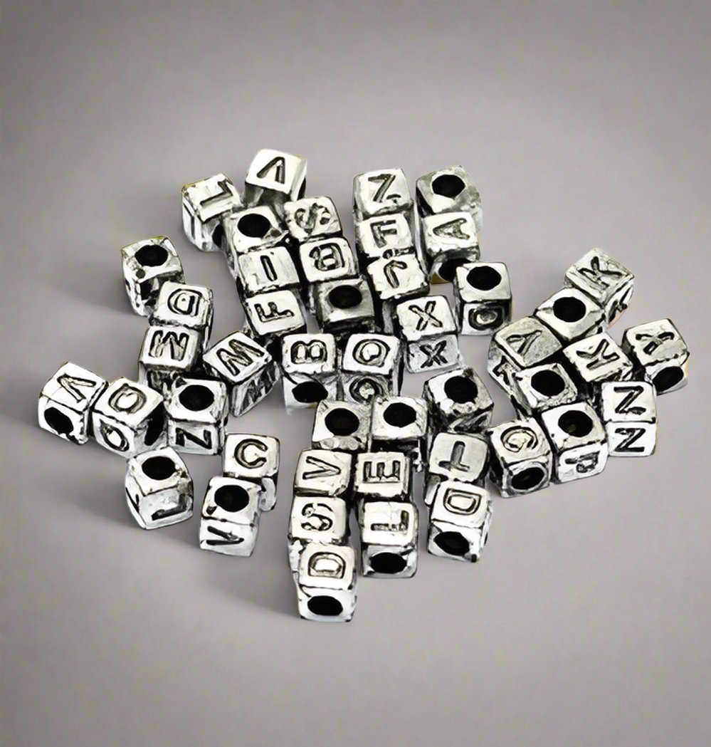 100 gm, Acrylic Square A to Z Alphabet Letter Beads 6mm - Silver / Acrylic / 100 gm