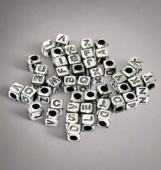 100 gm, Acrylic Square A to Z Alphabet Letter Beads 6mm - Silver / Acrylic / 100 gm
