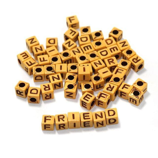 100 gm, FRIEND Acrylic Alphabet Beads 6mm - Brown / Square / 100 gm