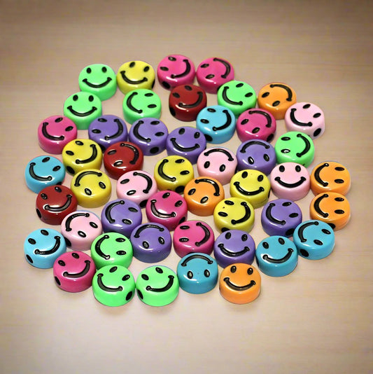100 gm, Acrylic Round Smiley Beads Multicolor 9mm - MultiColor / Acrylic / 100 gm