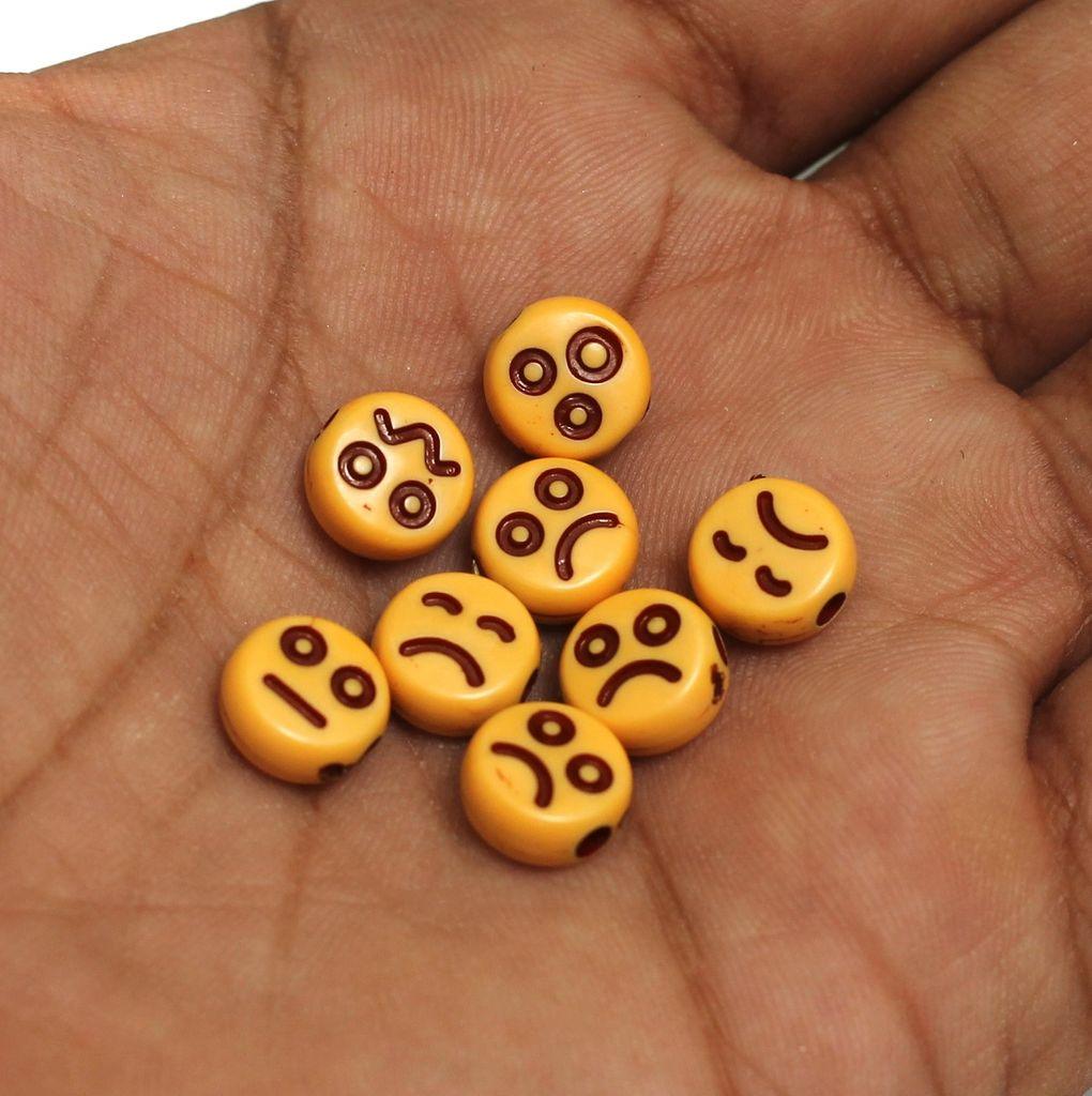 100 gm, 9mm Acrylic Round Smiley Beads - Brown / Acrylic / 100 gm