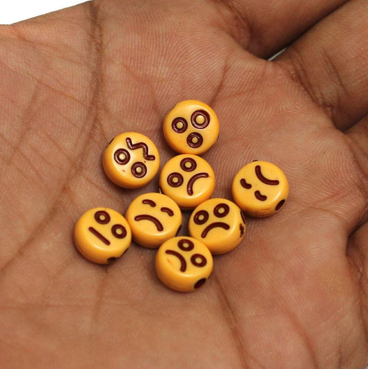 100 gm, 9mm Acrylic Round Smiley Beads - Brown / Acrylic / 100 gm