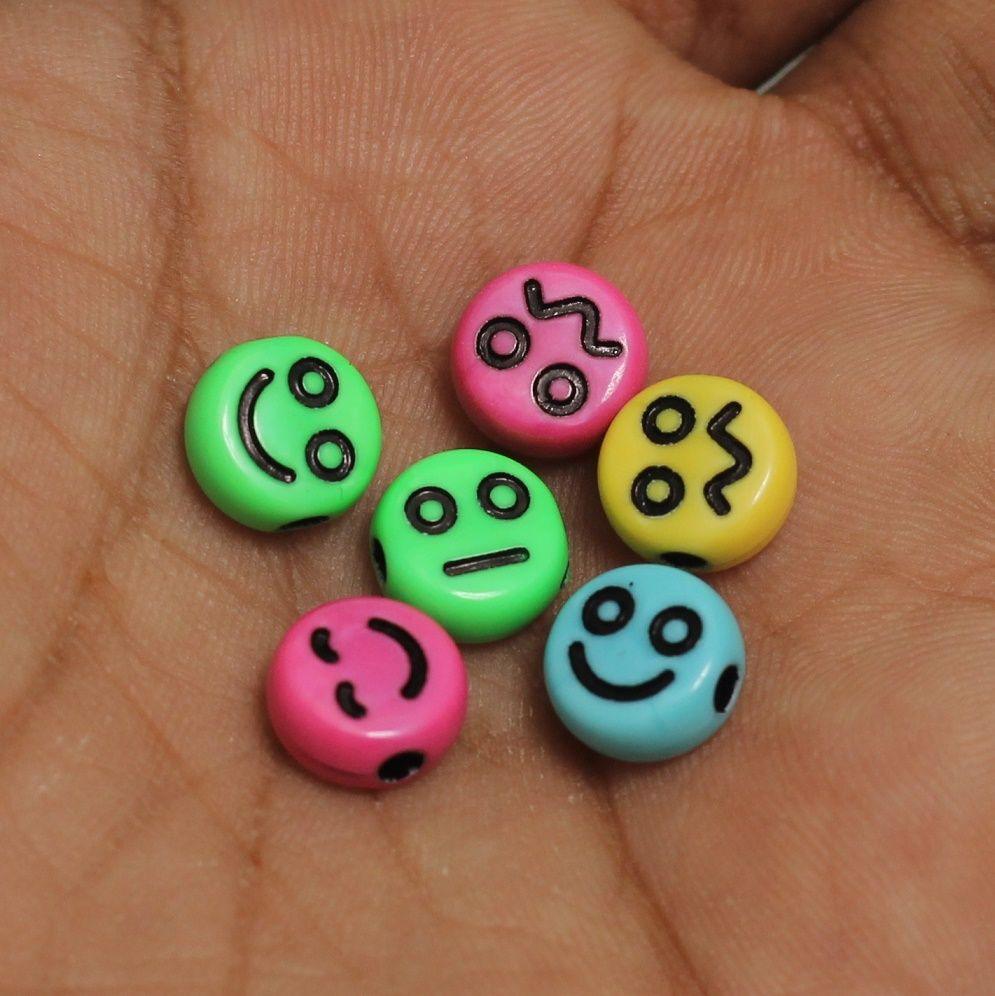 100 gm, 9mm Acrylic Round Smiley Beads - MultiColor / Acrylic / 100 gm