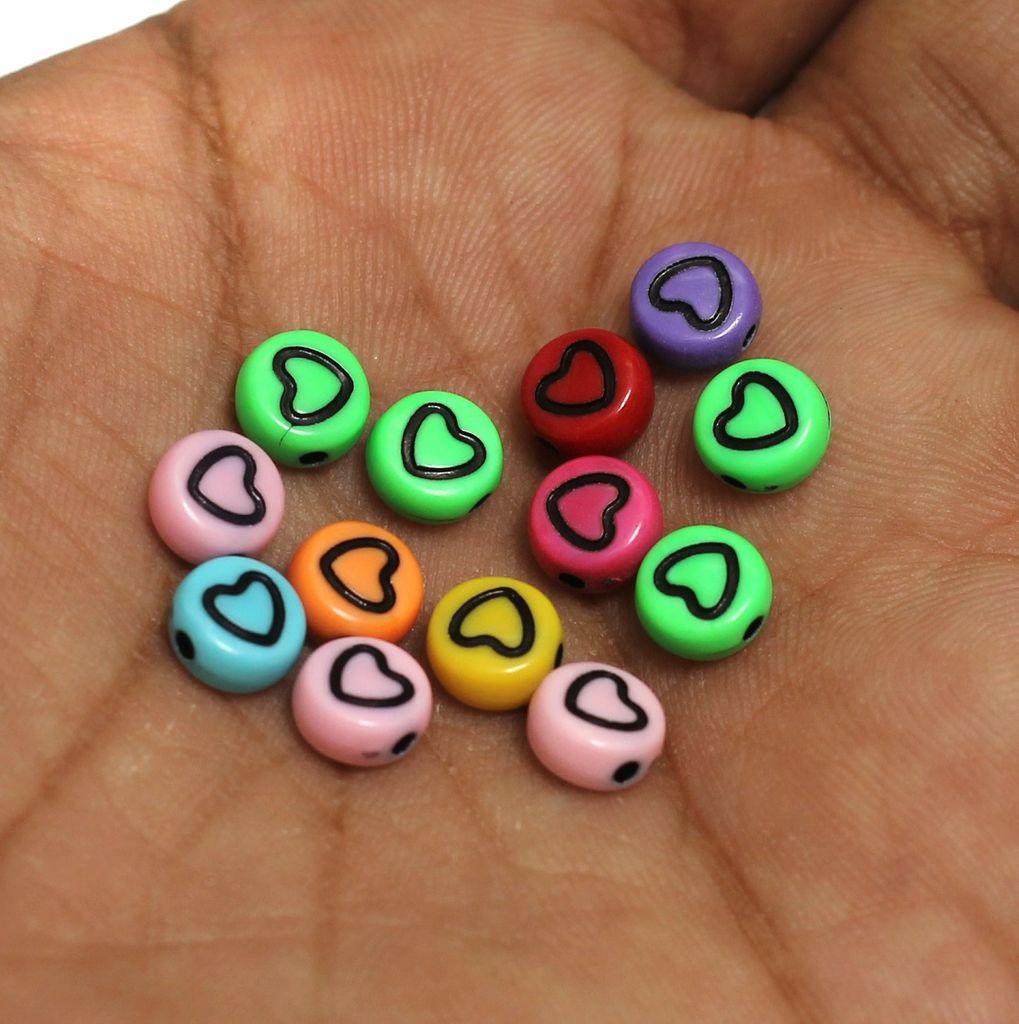 100 gms, 6mm Acrylic Round Heart Beads Multicolor - MultiColor / Acrylic / 100 gm