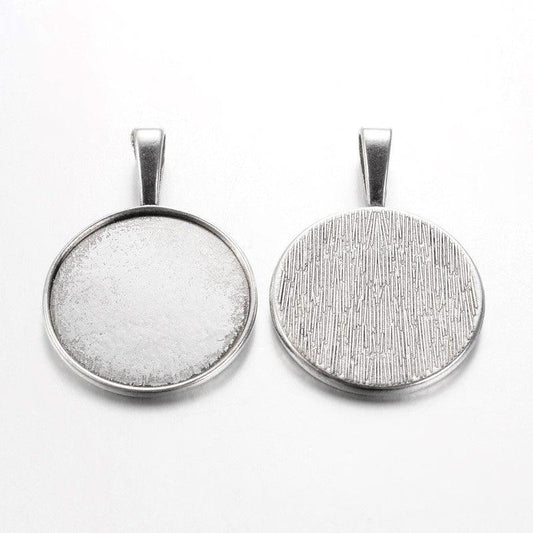 1.5 Inch Tibetan Alloy Pendant Flat Round Antique Silver Cabochon Settings - Silver / Round / 10 Pcs