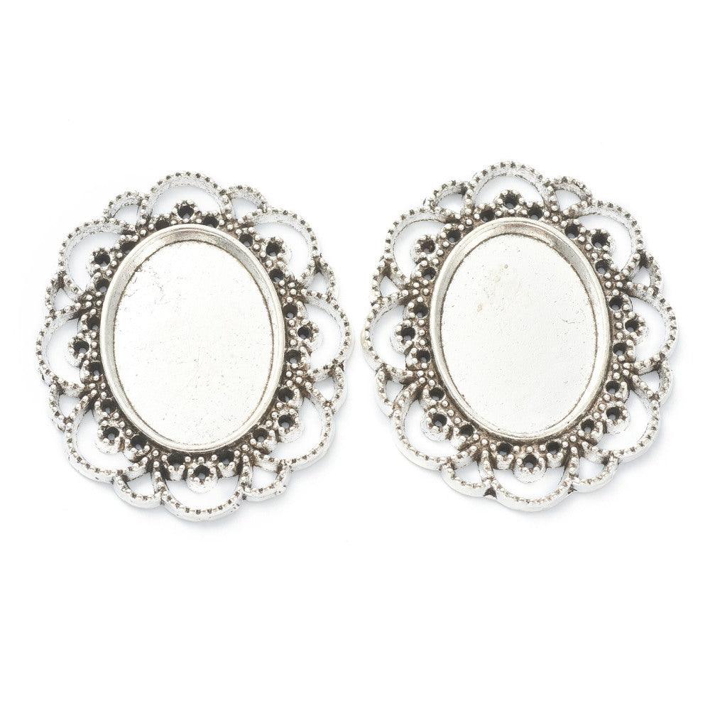 10 Pcs, 41x35x3mm, Alloy Cabochon Tray Antique Silver - Silver / Oval