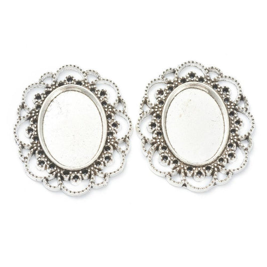 10 Pcs, 41x35x3mm, Alloy Cabochon Tray Antique Silver - Silver / Oval