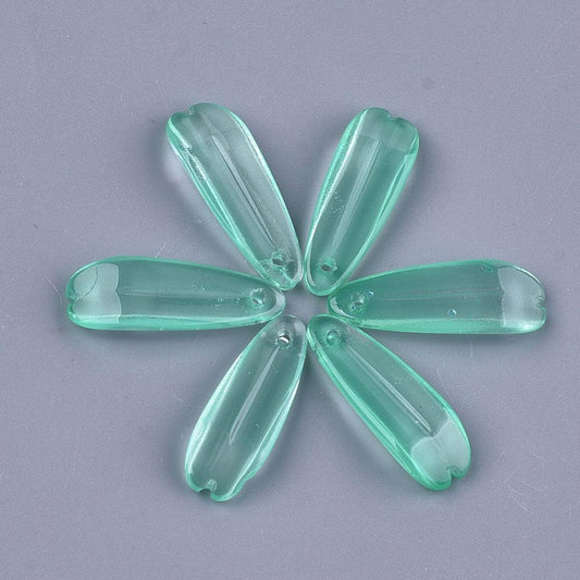 10 Pcs, 25x8.5mm, Transparent Glass Leaf Charms Aqua - Green