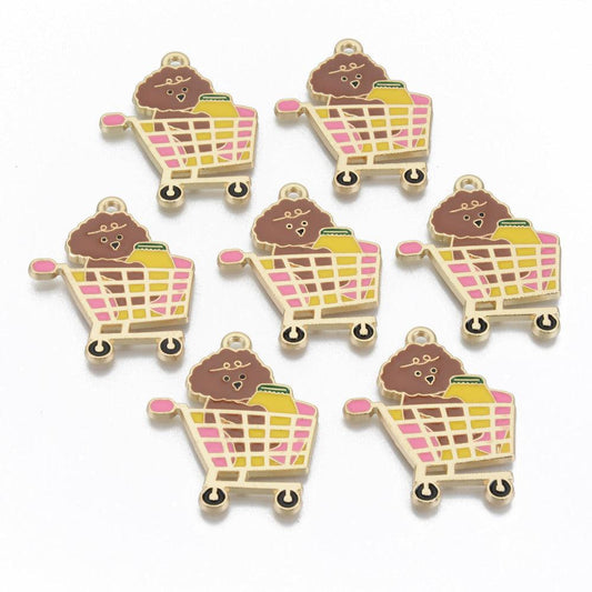 37x30mm, Alloy Enamel Charms Shopping Cart, Light Gold, Colorful - Alloy / Golden / 5 Pcs