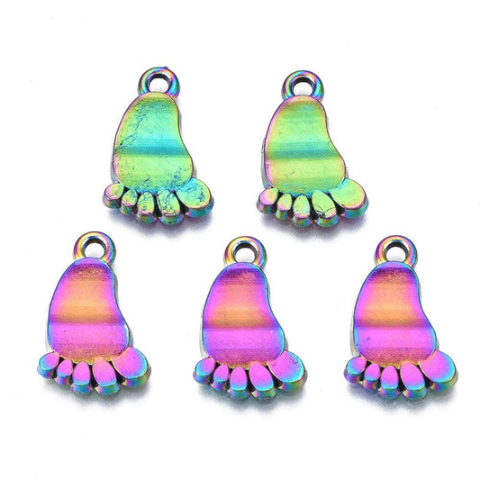 18x11.5mm, Rainbow Alloy Footprints Charms MultiColor - Alloy / Golden / 5 Pcs
