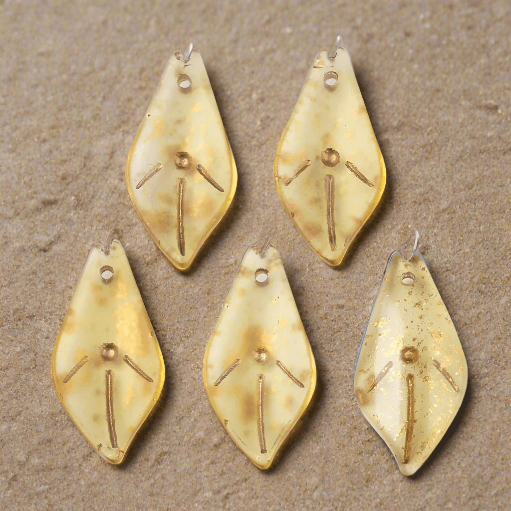 23x11.5mm, Glass Gold Foil Leaf Charms Golden - Golden / Glass / 10 Pcs