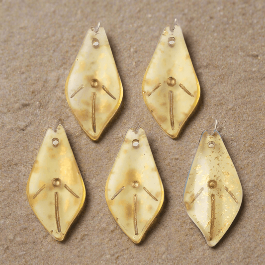 23x11.5mm, Glass Gold Foil Leaf Charms Golden - Golden / Glass / 10 Pcs