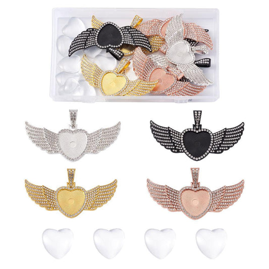 DIY Pendant Making Kits, with Alloy Rhinestone Pendant Cabochon, Glass Cabochons, Heart and Wing, Mixed Color, Glass Cabochons - Heart
