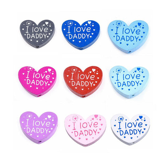 23x29x7mm, Natural Wood Heart Beads Word I Love Daddy MultiColor - Wood / MultiColor / 10 Pcs