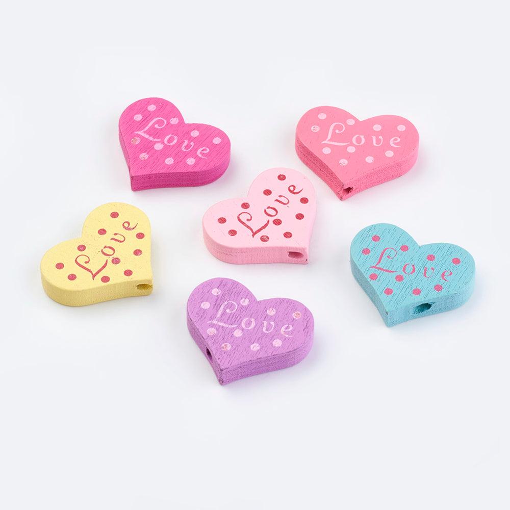 19x23x5mm, Wood Printed Heart Beads Word Love MultiColor - MultiColor / Wood / 10 Pcs