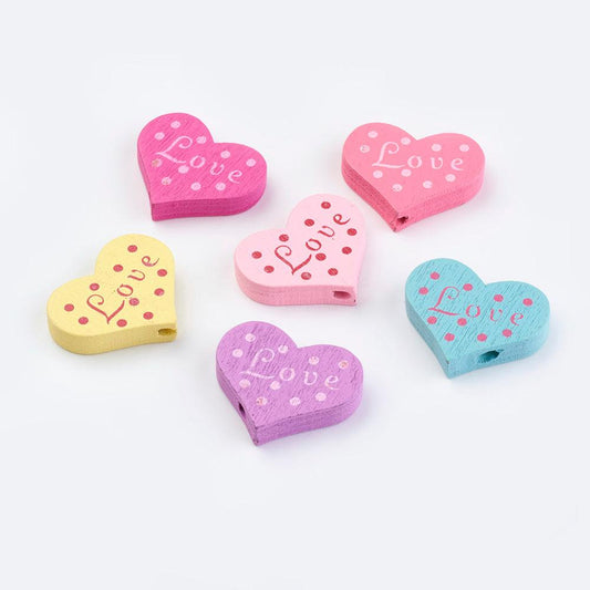 19x23x5mm, Wood Printed Heart Beads Word Love MultiColor - MultiColor / Wood / 10 Pcs