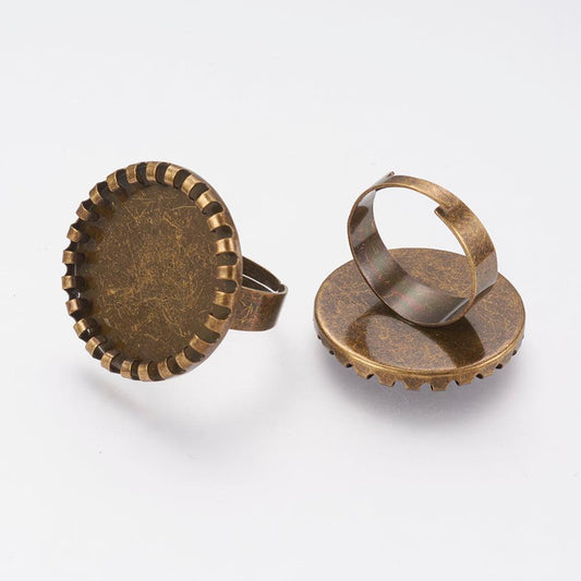 Brass Finger Ring Adjustable Base Flat Round, Antique Bronze - Bronze / Brass / 5 Pcs