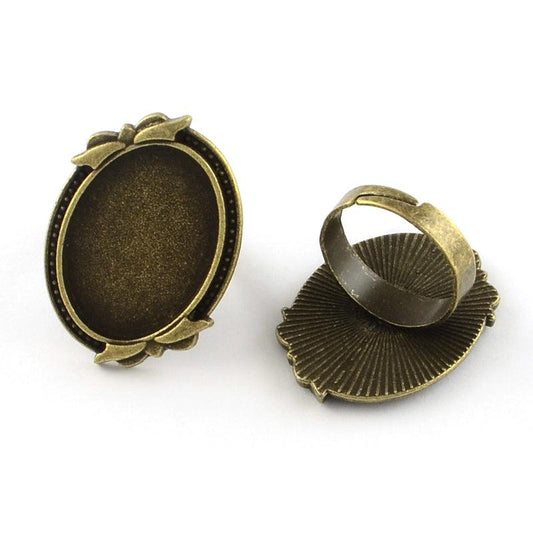 5 Pcs, Brass Finger Ring Adjustable Base Flat Oval, Antique Bronze - Bronze / Brass / 5 Pcs