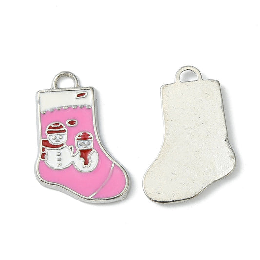 24x16mm, Alloy Enamel Christmas Stockings Charms Hot Pink - Brass / Pink / 2 Pcs