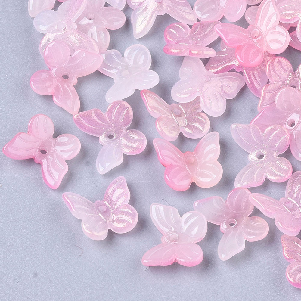 9.5x11x3mm, Transparent Glass Charms, with Glitter Powder, Butterfly, Pink - Pink / Glass / 10 Pcs