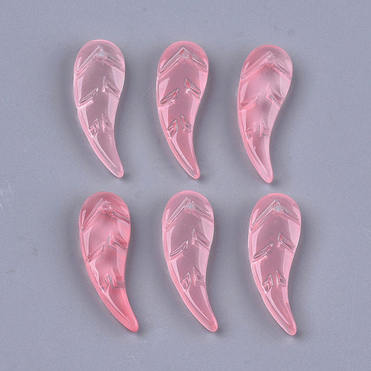 37.5x9.5mm,Transparent Spray Painted Glass Pendants, Leaf - Pink / Glass / 10 Pcs
