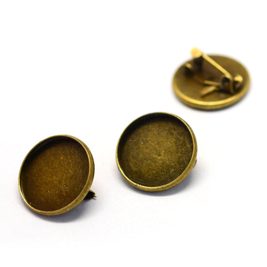 18mm, Safety Brooch Findings, Flat Round, Antique Bronze, Tray - Bronze / 10 Pcs