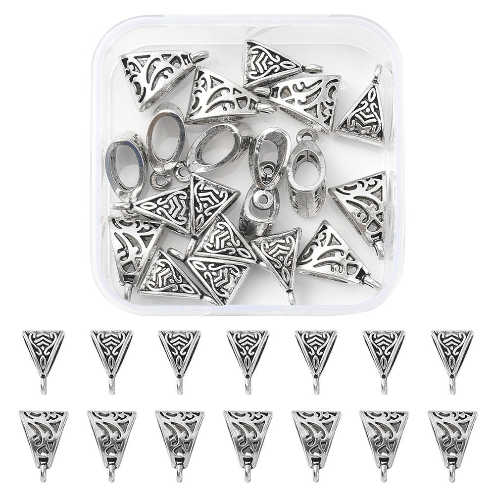 15.5~16mm, 20Pcs 2 Style Tibetan Style Alloy Tube Bails, Loop Bails, Bail Beads, Antique Silver - Silver / 1 Kit