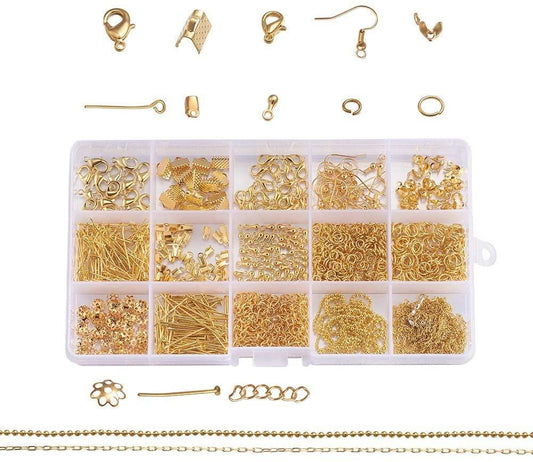 Plated Jewellery Finding Material Mix Box, Eyepins, Headpins, Ear Hooks, Bead Caps, Jumprings, Clasps Chains and Cord End - Golden
