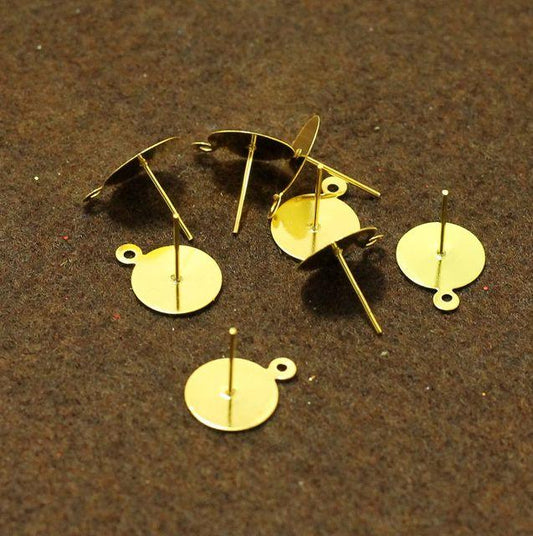 25 Pairs, 12mm Flat Pad Blank Closed Loop Earring Posts - Golden / 12mm / Iron