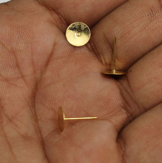 25 Pairs, 8mm Golden Earring Posts Flat Pad Blank Tray Stud - Golden / 8mm / Iron