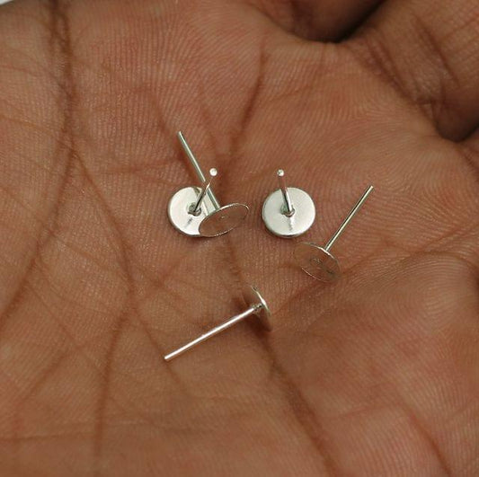 50 Pairs, Silver Earring Posts Flat Pad Blank Tray Stud - Silver / 6mm / Iron