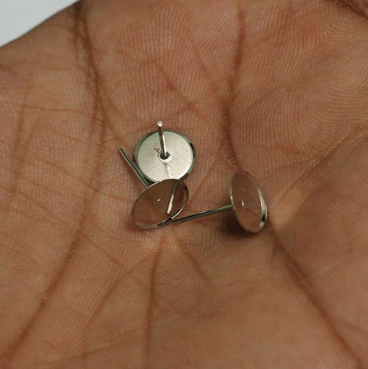 25 Pairs, 8mm Silver Earring Posts Flat Pad Blank Tray Stud - Silver / 8mm / Iron