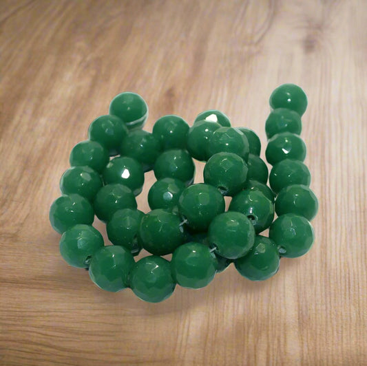 35+ Pcs, 12mm Faceted Glass Round Beads - Green / 12mm / Round