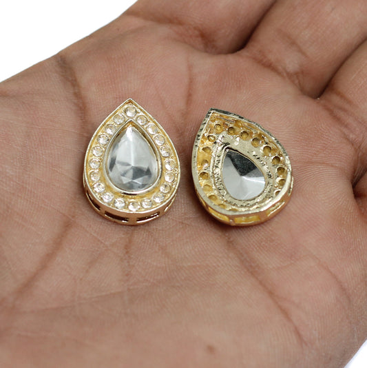 25x18mm, Kundan Connectors Drop Golden - Golden / Kundan / 4 Pcs