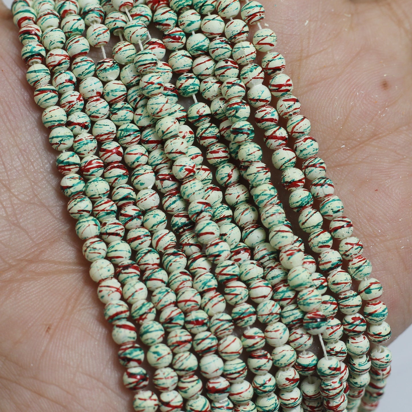 12 Strings, 4mm Acrylic Printed Green And Red Round Beads - MultiColor / Acrylic / Round