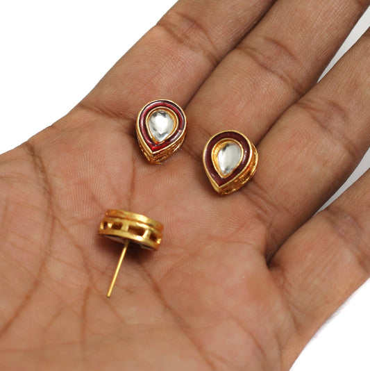5 Pairs, 11x14mm Meenakari Kundan Spacer Earring Studs - Red / Kundan