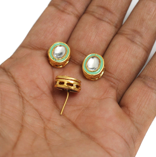 5 Pairs, 13x10mm Meenakari Kundan Spacer Earring Studs - Sea Green / Kundan