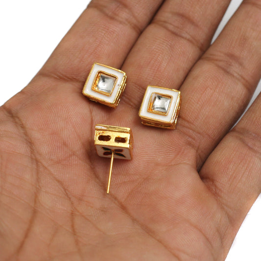 5 Pairs, 11mm Meenakari Kundan Spacer Earring Studs - White / Kundan