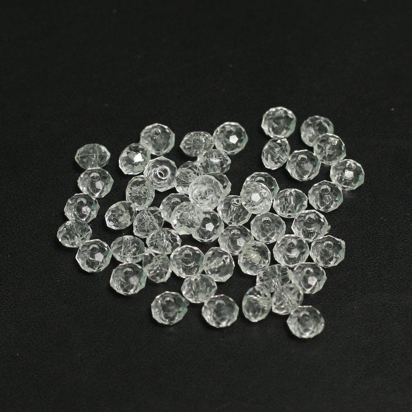 100 gm, 6x4mm Clear Faceted Acrylic Round Beads - White / Acrylic / 100 gm