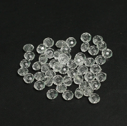 100 gm, 6x4mm Clear Faceted Acrylic Round Beads - White / Acrylic / 100 gm