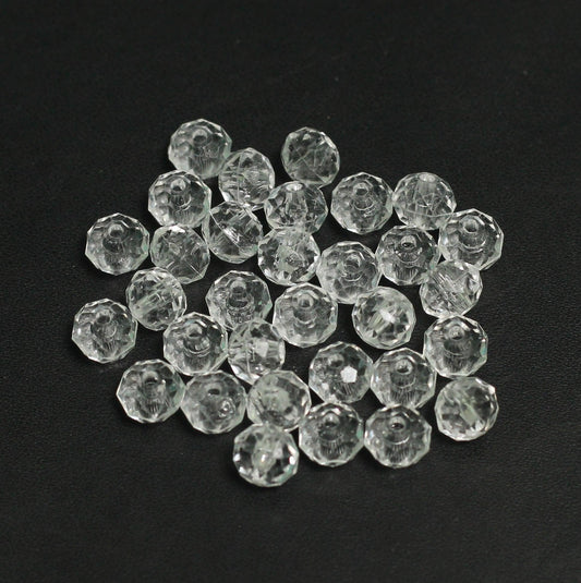 100 gm, 6X7mm Clear Faceted Acrylic Round Beads - White / Acrylic / 100 gm