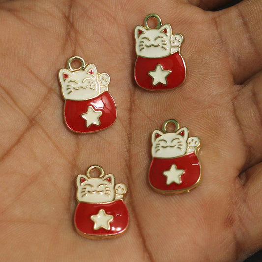 5 Pcs 18X12mm Cat Meenakari Brass Charms - Red