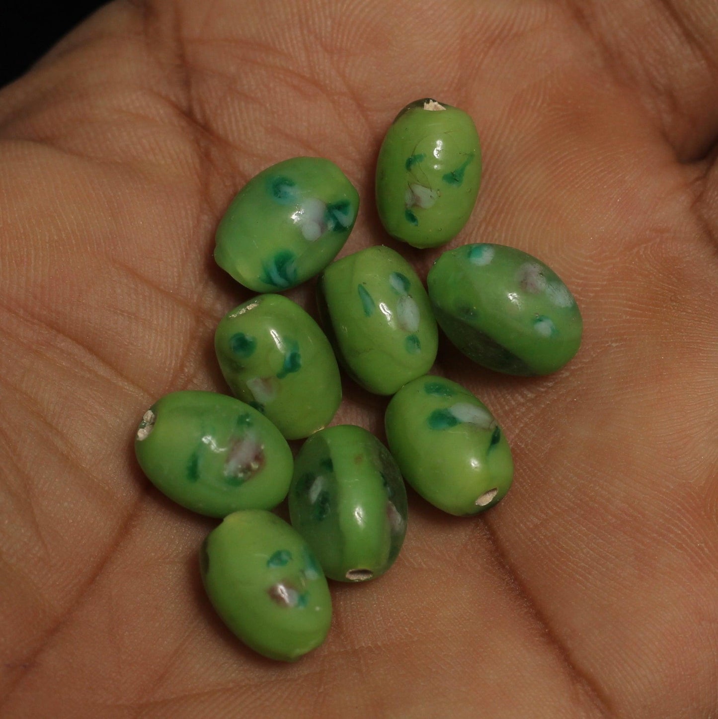 50 Pcs 15x12mm Millefiori Oval Beads Green - Green / Glass / Oval