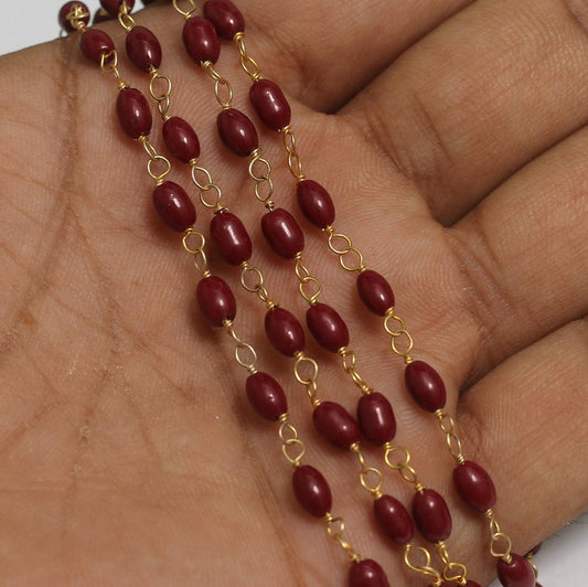 1 Mtr, 6x3mm Maroon Designer Beaded Chain - Maroon / Glass