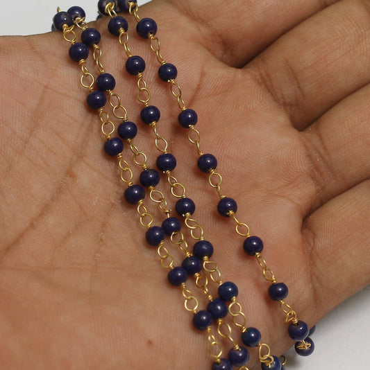 1 Mtr, 4mm Blue Designer Beaded Chain - Blue / Glass